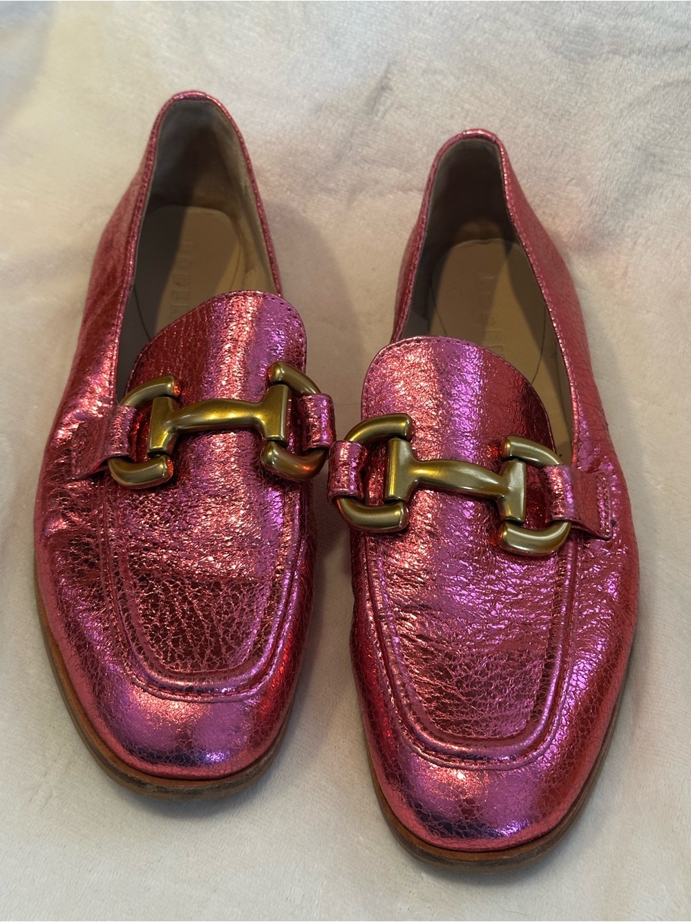 Boden Metallic Pink Loafers with Gold Horsebit